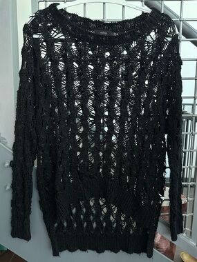 LF Millau Black Distressed Open-Knit Oversized Cotton Sweater Size S